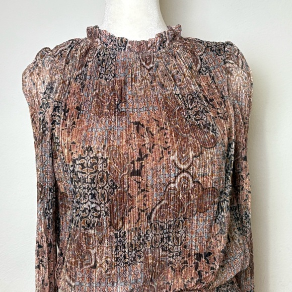JOIE Semi Sheer Sheer Metallic Long-Sleeve Blouse Smocked Waist Ruffle Neck S - Picture 7 of 15